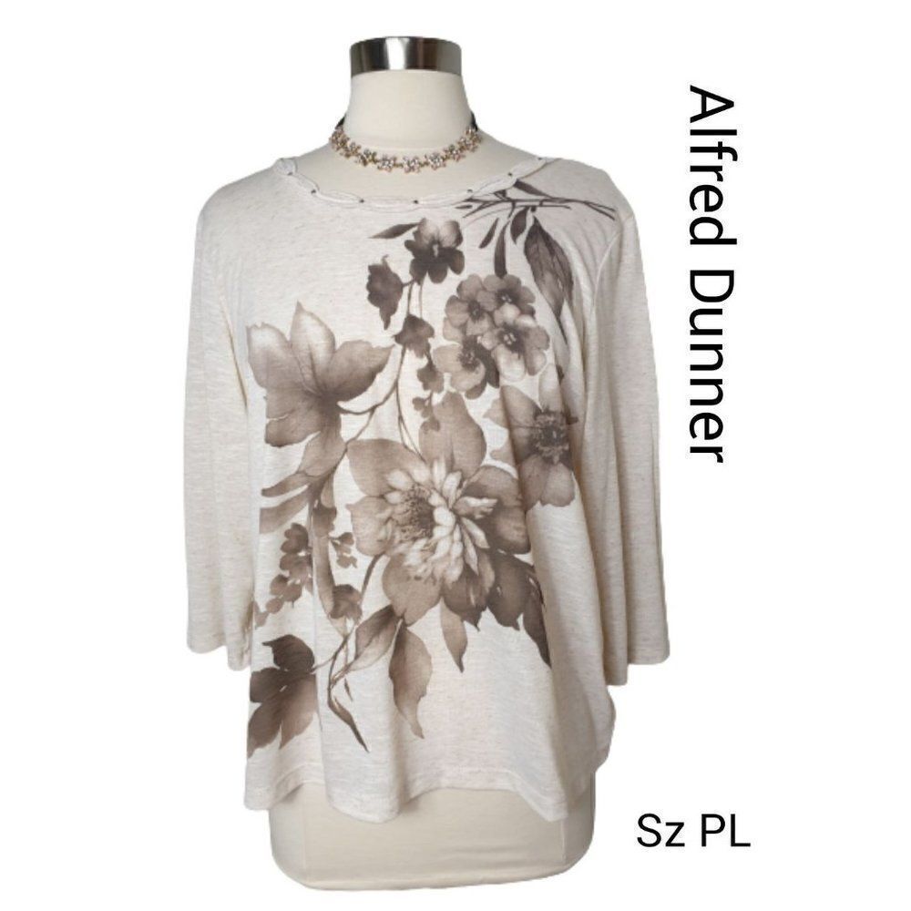 Women's Petite First Frost Asymmetrical Floral Linen-Blend Knit Top PL NWOT